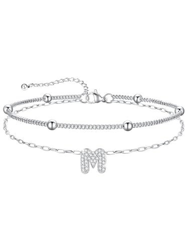 U7 Initial Ankle Bracelets for Women Silver/Gold Anklets Waterproof, 14K Gold Plated Layered Anklets Bracelet Stainless Steel Hypoallergenic 8.5"-10.5" - color: Silver-CZ, size: Medium