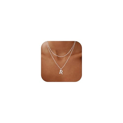 14K Gold Plated Initial Necklaces for Women Dainty Layered Letter Pendant Necklace Cute Choker Necklace Gift Trendy Stuff Personalized Jewelry Stack for Women Her - color: Silver, style: R