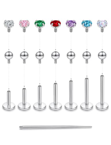 Titanium Flat Back Earrings, 7 Post Length Options, 18G Cartilage Earrings for Sensitive Ears Women Men, Internally Threaded Stud Earrings with CZ & Ball Tops, Helix Tragus Conch Piercing Jewelry