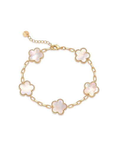 PAVOI 14K Gold Plated Clover Bracelets for Women - Flower Four Leaf Clover Bracelet - Mother of Pearl & Onyx Gemstone Lucky Flower Design - Adjustable Trendy Jewelry Gifts - style: Mother of Pearl Clover