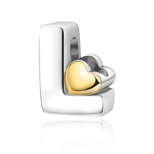 Two-Tone Gold Heart S925 Silver Letter Charm Fits Pandora Bracelet Necklace | Initial Bead Two-Tone Gold Heart, DIY European Bracelet Accessory, Gift for Ladies Birthday Anniversary Valentine - style: L