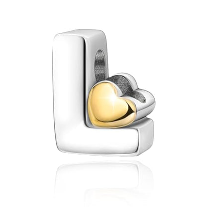 Two-Tone Gold Heart S925 Silver Letter Charm Fits Pandora Bracelet Necklace | Initial Bead Two-Tone Gold Heart, DIY European Bracelet Accessory, Gift for Ladies Birthday Anniversary Valentine - style: L
