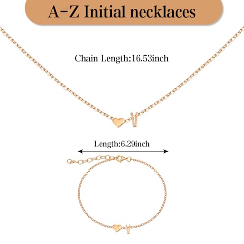 Gold Bracelets For Women Heart Initial Letter Pendant Necklace and Bracelet Set Personalized Jewelry Sets for Women Birthday Gifts for Mom Her Daughter Initial Necklace 14K Silver Plated - style: Gold-V