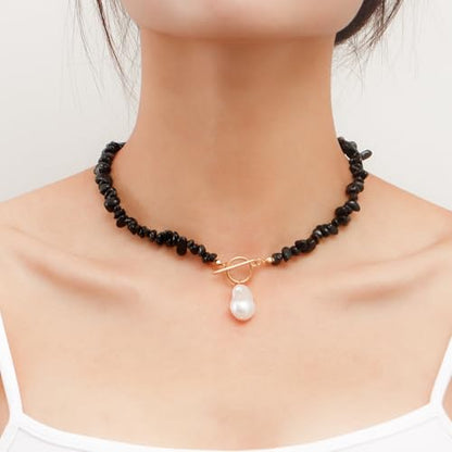 Bohemian Stone Pearl Choker Necklace for Women Dainty Natural Irregular Stone Choker Turquoise Beaded Lariat Necklace Simple Fashion OT Toggle Spiritual Handmade Jewelry - color: Black