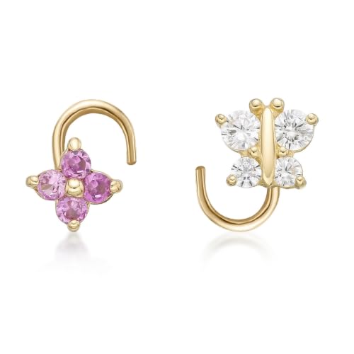 22 Gauge Curved Screw Butterfly and Pink Flower Nose Stud Set for Women I 14k Gold White Pink Cubic Zirconia Nose Ring Set I 22G Unisex Hypoallergenic Nostril Piercing Jewelry