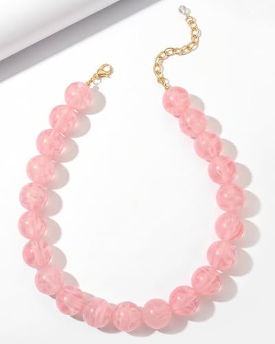 Chunky Beaded Choker Necklace for Women Boho Statement Necklace with Large Pearl Blue Brown Tone Resin Beads Summer Beach Jewelry Gifts - color: Pink