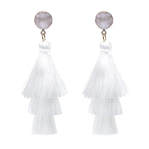 Boho Statement Tassel Earrings - Clip On Feather Dangling Fringe Earrings for Women - Non Piercing Jewelry for Vacation, Beach, Bride, Bachelorette, Costume, Prom - color: White