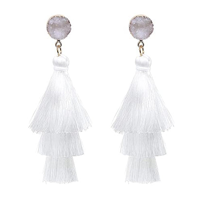 Boho Statement Tassel Earrings - Clip On Feather Dangling Fringe Earrings for Women - Non Piercing Jewelry for Vacation, Beach, Bride, Bachelorette, Costume, Prom - color: White