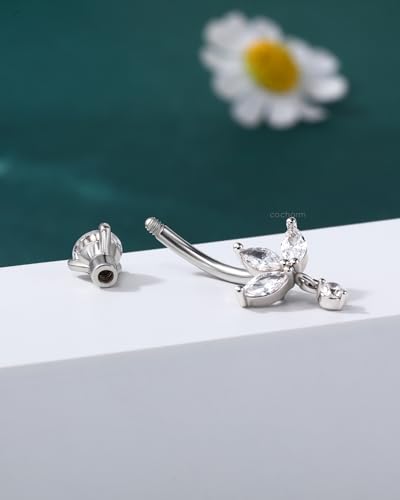 Lotus Belly Button Rings Dangle 14G Dangle Belly Navel Button Piercing Surgical Steel Navel Piercing Jewelry Dangling - color: WG-10MM