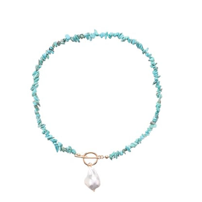 Bohemian Stone Pearl Choker Necklace for Women Dainty Natural Irregular Stone Choker Turquoise Beaded Lariat Necklace Simple Fashion OT Toggle Spiritual Handmade Jewelry - color: Turquoise