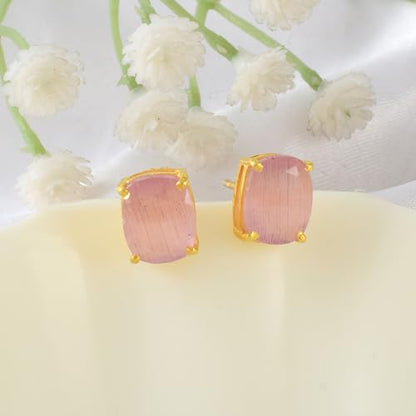 Women's 18K Gold Plated 8x10mm Princess Cut Gemstone Stud Earrings – Birthstone Jewelry for Her – Classic Cushion Studs - color: Rose Elisha