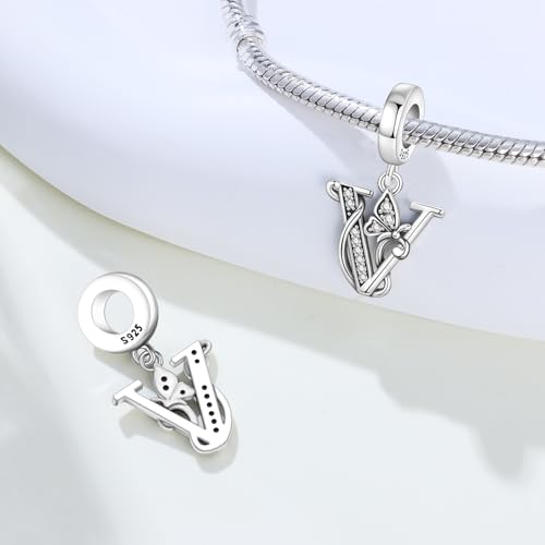 2 Pack 925 Sterling Silver Butterfly Letter Charms for Bracelets and Necklace Alphabet Initial Dangle Pendants Round Spacer Beads Pave Cubic Zirconia Jewelry Gift for Women - color: V Set