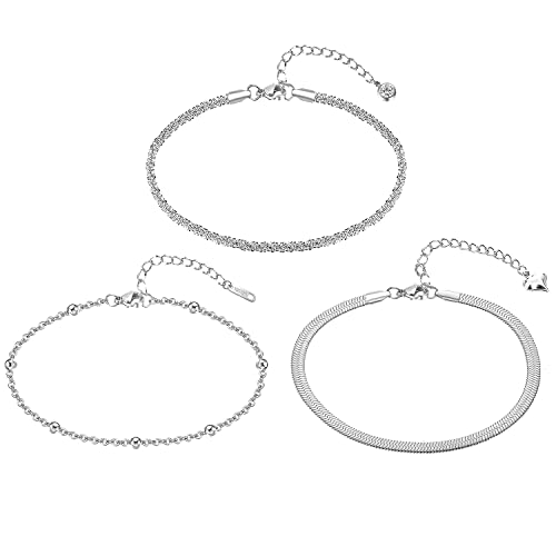 Sparkling Ankle Bracelets for Women Waterproof,18K Gold Plated Anklets for Women Large Ankles - color: C-3pcs Mix Snake Chain-Silver