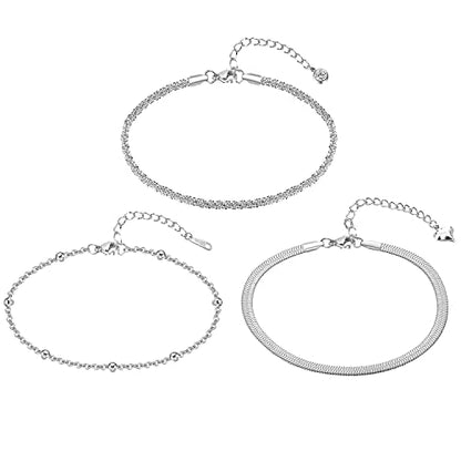 Sparkling Ankle Bracelets for Women Waterproof,18K Gold Plated Anklets for Women Large Ankles - color: C-3pcs Mix Snake Chain-Silver