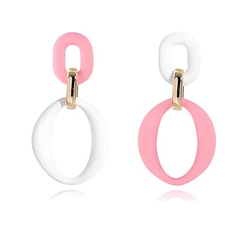 Geometric Square Earrings for Women Lightweight Colorful Color Block Acrylic Chunky Geometric Rectangle Oval Link Chain Statement Earring - style: White Pink -O