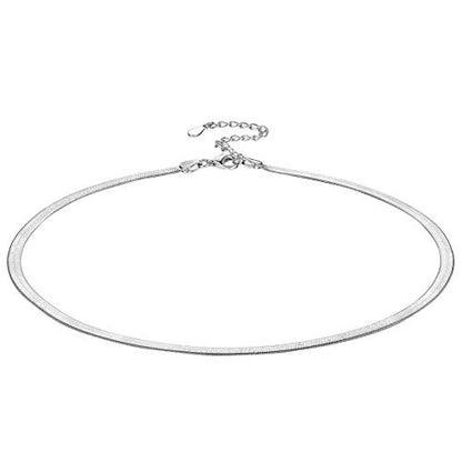 ChainsHouse Flat Snake Chain Herringbone Choker Necklace for Women, Stainless Steel/Rose Gold/18K Gold Plated Dainty Adjustable Simple Short Layered Necklaces, 12"/15"/18" with 3.5" Extender - color: b. sterling silver-3mm
