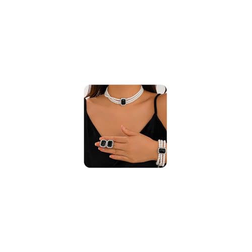 Wekicic Faux Pearl Necklace Earrings Set for Women Crystal Pearl Choker Necklace Bracelet Set 1920s Jewelry for Wedding Party - color: Black