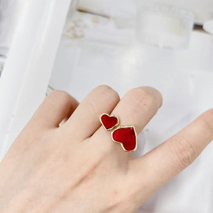 Retro Enamel Double Hearts Open Statement Ring for Women Fashion Simple Asymmetry Love Hearted Wrap Finger Knuckle Adjustable Bands Rings Gold Plated Wedding Eternity Promise Engagement Jewelry - color: Red