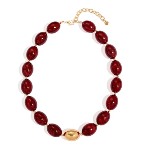 Chunky Beaded Necklaces for Women Statement Necklace | Bold Chunky Choker, Large Resin Beads, Adjustable Necklace, Boho Trendy Summer Beach Holiday Jewelry - color: Red-02
