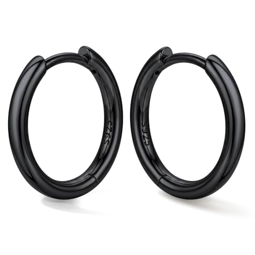 Bestyle Sterling Silver Small Hoop Earrings for Women, Hypoallergenic Silver/Black/Rose Gold/Gold Small Huggie Hoops Helix Cartilage Earring for Multiple Piercing Sleep, Size 8/10/12/14/16/18/20mm - color: Black-Sterling Silver, size: 10mm