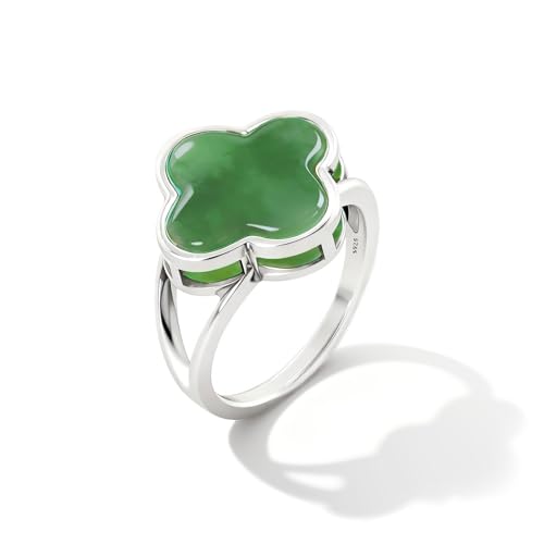 Natural Onyx Agate Four Leaf Clover Jade Stone Ring,S925 Sterling Silver minimalist style Generous Genuine Gemstone Turkey Ring Jewelry for Women - color: Clover_A