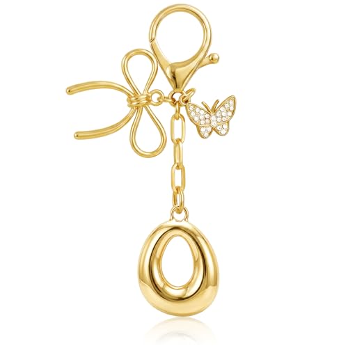 Gold Bubble Heart, Cherry, Bow & More Designs Letter Initial Keychain Bag Charms – Cute Purse Charms for Handbags - color: Bow & Butterfly, style: O