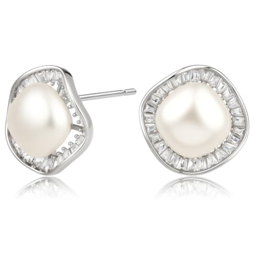 Square Statement Stud Earrings for Women, White Gold Plated with 925 Sterling Silver Post, Hypoallergenic Earrings for Sensitive Ears, Aquamarine Gemstone Jewelry Gift for Women - color: QISE-11-RufflePearl
