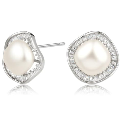 Square Statement Stud Earrings for Women, White Gold Plated with 925 Sterling Silver Post, Hypoallergenic Earrings for Sensitive Ears, Aquamarine Gemstone Jewelry Gift for Women - color: QISE-11-RufflePearl