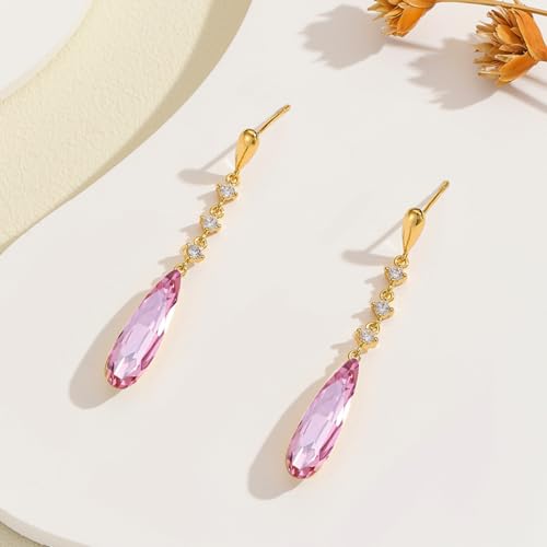 VONSSY Austrian Crystal Teardrop Drop Dangle Earrings Gold Plated Silver Post Zircon Gemstone Jewelry Gift for Woman Girlfriend Mom Wife - color: Pink