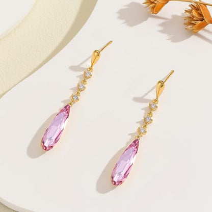 VONSSY Austrian Crystal Teardrop Drop Dangle Earrings Gold Plated Silver Post Zircon Gemstone Jewelry Gift for Woman Girlfriend Mom Wife - color: Pink