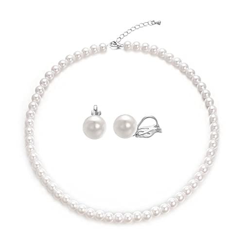 8mm 10mm Faux Pearl Necklace Earrings Set for Women White Black Round Glass Pearl Wedding Jewelry Gifts - color: White Pearl-Ear Clip Set, size: 10mm