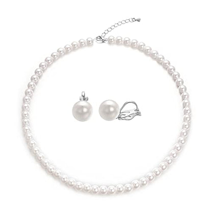 8mm 10mm Faux Pearl Necklace Earrings Set for Women White Black Round Glass Pearl Wedding Jewelry Gifts - color: White Pearl-Ear Clip Set, size: 10mm