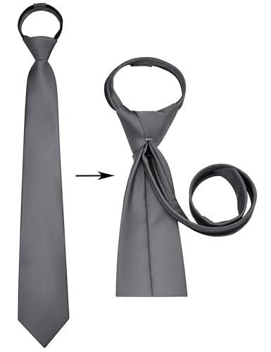 Branduce 3.15"（8cm） Mens Solid Satin Tie Pre-tied Adjustable Zipper Necktie for Business and Wedding - color: Dark Grey