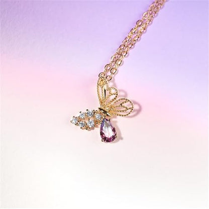 925 Sterling Silver Necklace for Women Trendy, Charming Layered Necklace with Cubic Zirconia Pendant for Her Womens Dainty Diamond Choker Necklaces Holiday Jewelry Gifts for Mom Wife Daughter Lover - color: Butterfly-Gold06