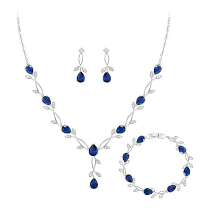 Crysdue Wedding Jewelry Set for Brides Bridesmaid, Cubic Zirconia Teardrop Marquise Leaf Cluster Pendant Necklace Bridal Tennis Bracelet Drop Earrings for Women Party Prom - style: A- CZ set-blue, silver