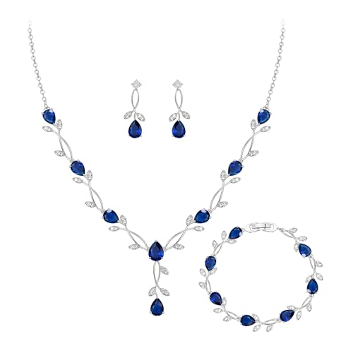Crysdue Wedding Jewelry Set for Brides Bridesmaid, Cubic Zirconia Teardrop Marquise Leaf Cluster Pendant Necklace Bridal Tennis Bracelet Drop Earrings for Women Party Prom - style: A- CZ set-blue, silver