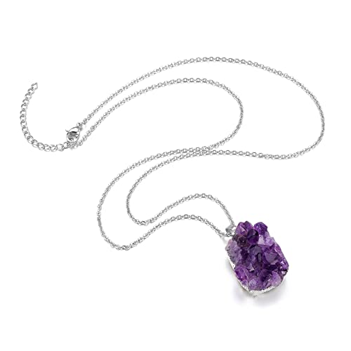 Jovivi Natural Amethyst Cluster Crystal Necklace for Women Men,Irregular Raw Rough Amethyst Quartz Stone Pendant Necklace Jewelry for Spiritual Reiki Healing,Beauty, Love and Positive Energy - color: Silver Plated