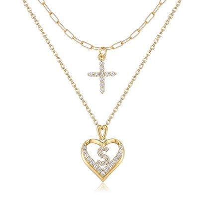 14K Gold Plated Layering Necklaces,Heart Initial Layered Necklace Cross Pendant Necklace Charm Personalized Stackable Jewelry Gift for Her - style: S