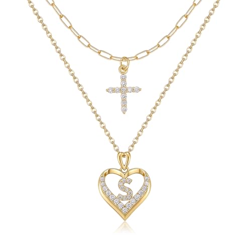 14K Gold Plated Layering Necklaces,Heart Initial Layered Necklace Cross Pendant Necklace Charm Personalized Stackable Jewelry Gift for Her - style: S