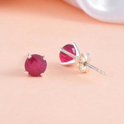 5 MM Natural Gemstone 925 Sterling Silver Hypoallergenic Studs Earrings Jewelry for Women Dainty Trendy Antiqued Silver Birthstone Earrings Jewelry Gifts for Women and Her - color: 6MM Ruby