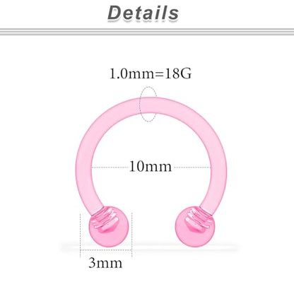 18G 16G 14G Plastic Septum Rings Flexible Lip Rings Hoops Septum Nose Rings Smiley Piercings Acrylic Horseshoes Cartilage Helix Rook Daith Earrings Piercing Retainer for Work 8mm 10mm 12mm - color: 18G-Dia:10mm