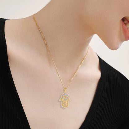 Hamsa Necklace 925 Sterling Silver Evil Eye/Lotus Flower/Star of David/Chai/Yin Yang Hamsa Hand Pendant Jewelry Hand of Fatima Gifts for Women - style: Star of David-Gold