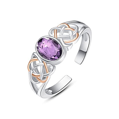 PRAYMOS 925 Sterling Silver Ring Birthstone Ring Turquoise Moss White Opal Ring for Women Celtic Knot Open Adjustable Thrumb Ring - color: Purple Amethyst