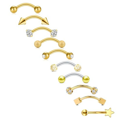 FECTAS 10PCS Eyebrow Rook Piercing Jewelry 16G Earrings Vertical Labret Lip Jewelry Curved Barbell Eyebrow Rings Tiny Small Belly Rings Ear Rook Helix Conch Daith Piercing Jewelry - color: gold