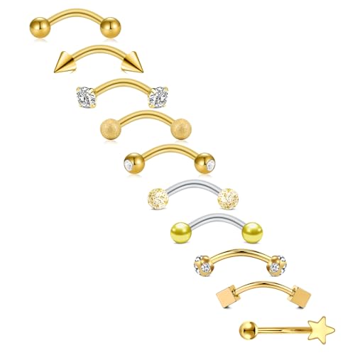 FECTAS 10PCS Eyebrow Rook Piercing Jewelry 16G Earrings Vertical Labret Lip Jewelry Curved Barbell Eyebrow Rings Tiny Small Belly Rings Ear Rook Helix Conch Daith Piercing Jewelry - color: gold
