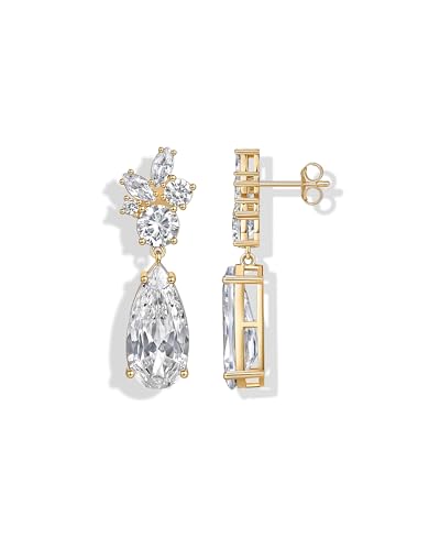 PAVOI 14K Gold Plated Cubic Zirconia Dangle Earrings for Women - Crystal Long Linear Bridal Drop Earrings - Cluster CZ Pearl Simulated Diamond Drop Dangle Wedding Jewelry for Brides & Bridesmaid - style: Teardrop
