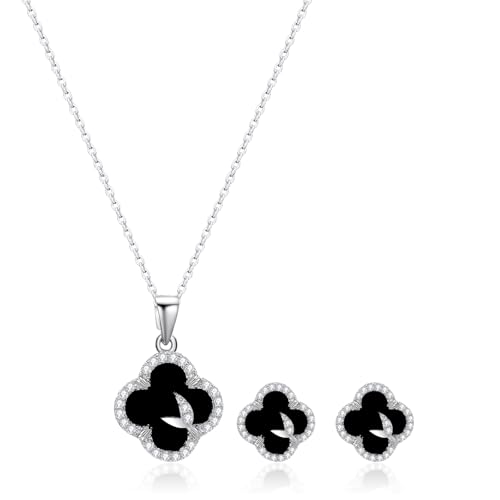 14K Gold Plated | 14K Platinum Plated Necklace for Women Necklace Earrings Set with Sparkling Zircon Inlay and Silver Post Earrings - color: clover suit silver