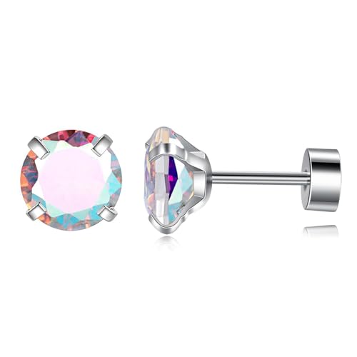 VOLUKA Cubic Zirconia Stainless Steel Screw Flat Back Earring - Hypoallergenic Stud Earrings for Women & Men - 316L Titanium CZ Stud Earrings for Nickel-Free, Trendy & Elegant - color: 1 Pair- 6mm Flat Back -AB White