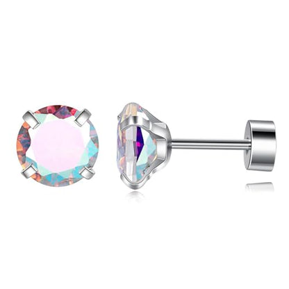 VOLUKA Cubic Zirconia Stainless Steel Screw Flat Back Earring - Hypoallergenic Stud Earrings for Women & Men - 316L Titanium CZ Stud Earrings for Nickel-Free, Trendy & Elegant - color: 1 Pair- 6mm Flat Back -AB White