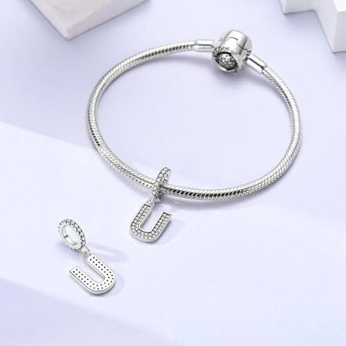 Hapour Letter 925 Sterling Silver Charm with Cubic Zirconia Alphabet A-Z Initial Dangle Charms Beads Pendent DIY Jewelry for Bracelets Necklace - color: U